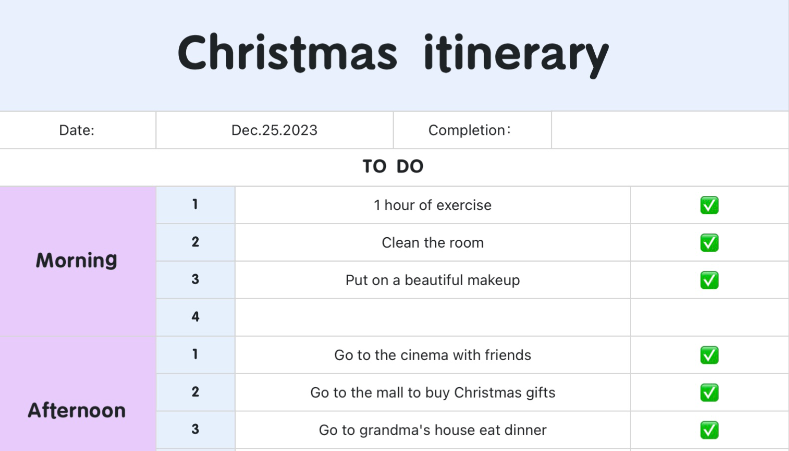 Christmas itinerary